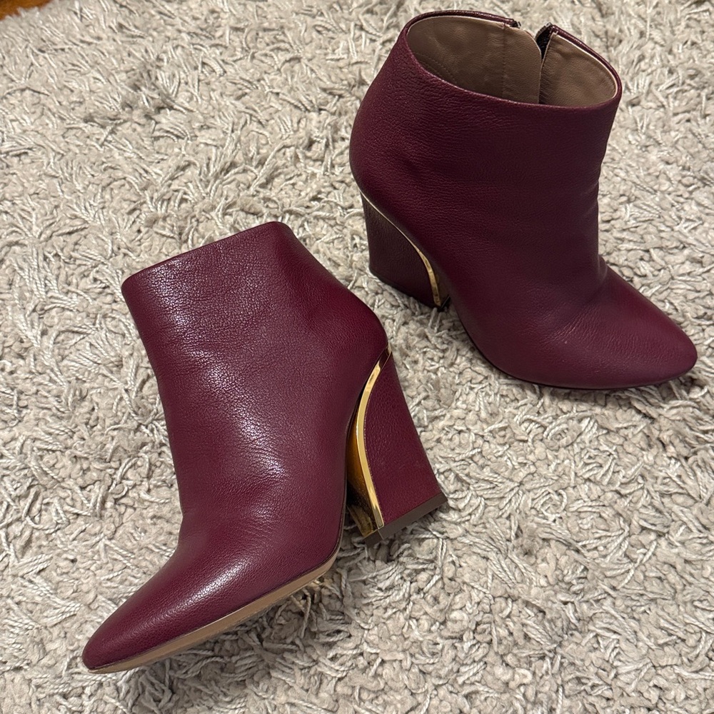 Chloe Burgundy Leather Ankle Boots with Gold Accent